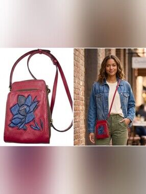 Patricia Nash Red Leather Phone Bag Wallet Crossbody Purse Blue Flower Inlay